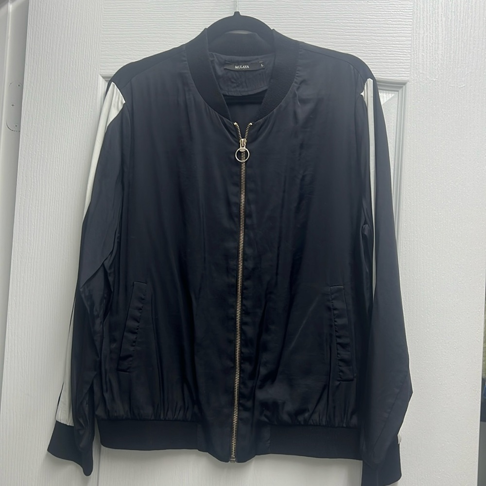 Mulaya Black Satin Zip Bomber Jacket with White Stripe down Sleeves, Size L